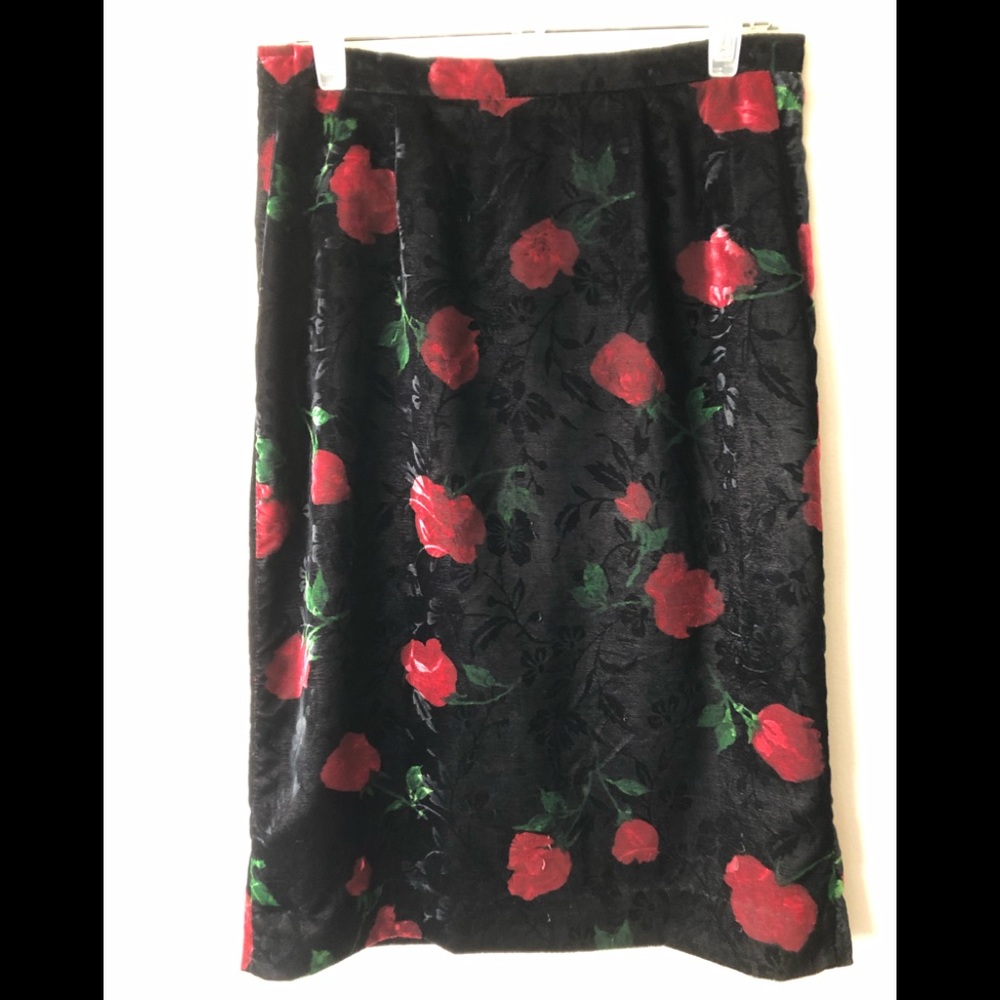 Vintage '70s Andree Gaye Black Burnout Velvet Pencil Skirt Pink Roses Medium